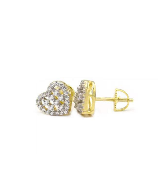 Womens Solid 14k Gold Heart Lab Diamond Screw Back Earrings