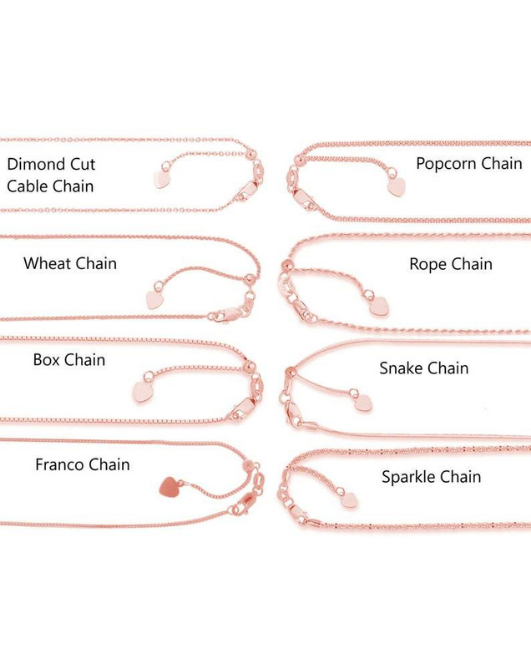 14K Solid Rose Gold Box, Diamond Cut Cable, Wheat, Franco, Chain Adjustable, 0.7mm to 1.3mm Wide