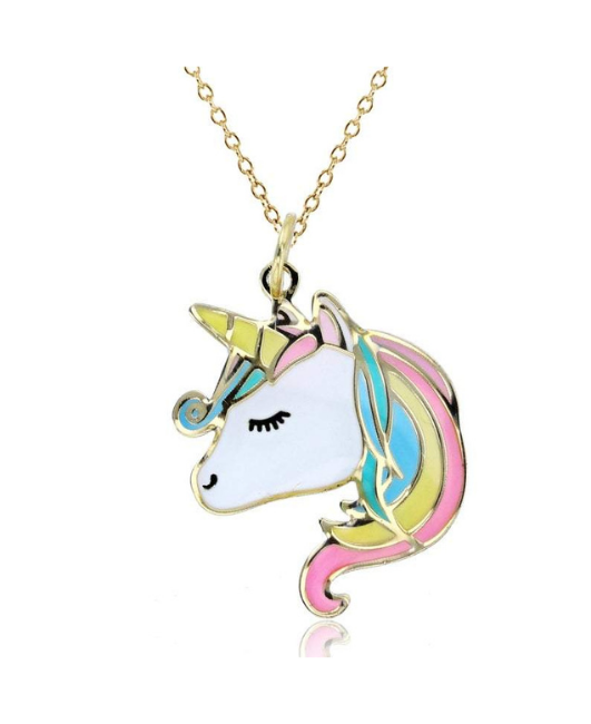 Solid 14K Yellow Gold Enamel Unicorn Head Necklace Pendant For Women