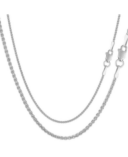 18k Solid White Gold Round Wheat Chain Necklace, 1.2mm to 1.4mm Wide.